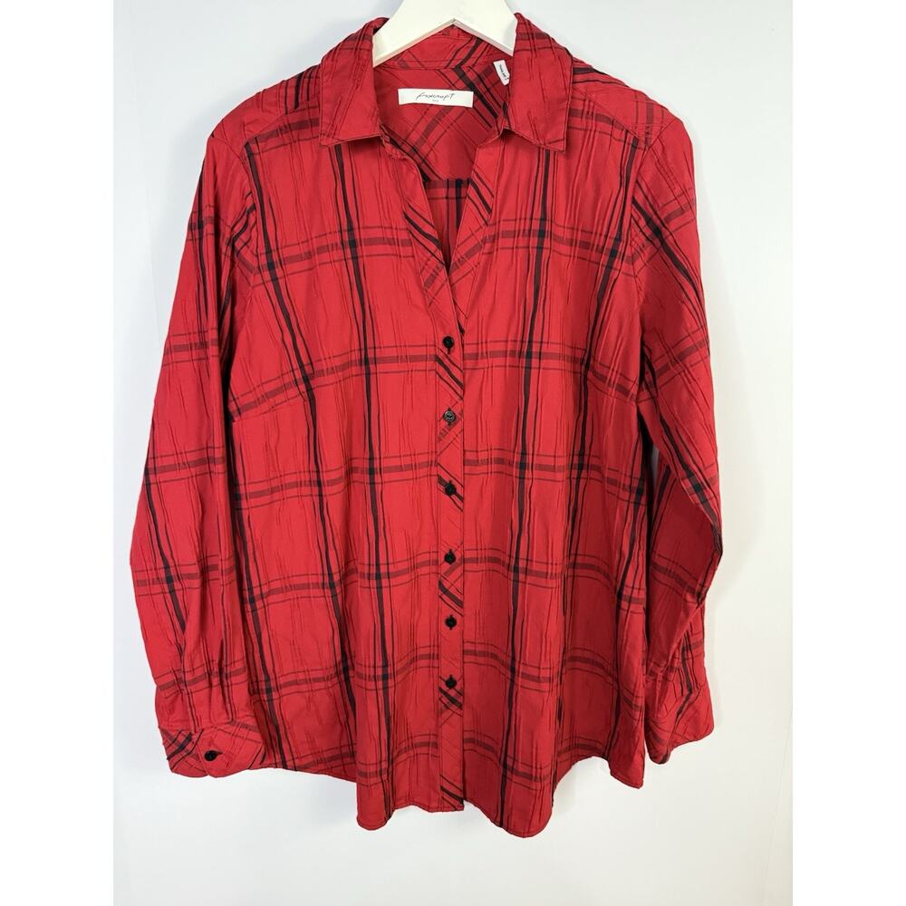 Foxcroft‎ Top Womens Button Up Sz 14 Red Plaid Crinkle Texture Casual Career